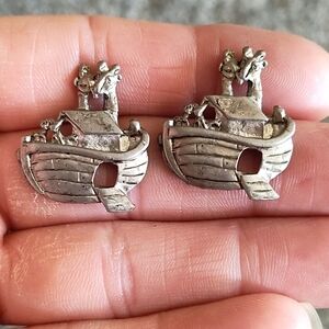 VINTAGE SILVER PEWTER NOAH'S ARK DROP POST 1" EARRINGS